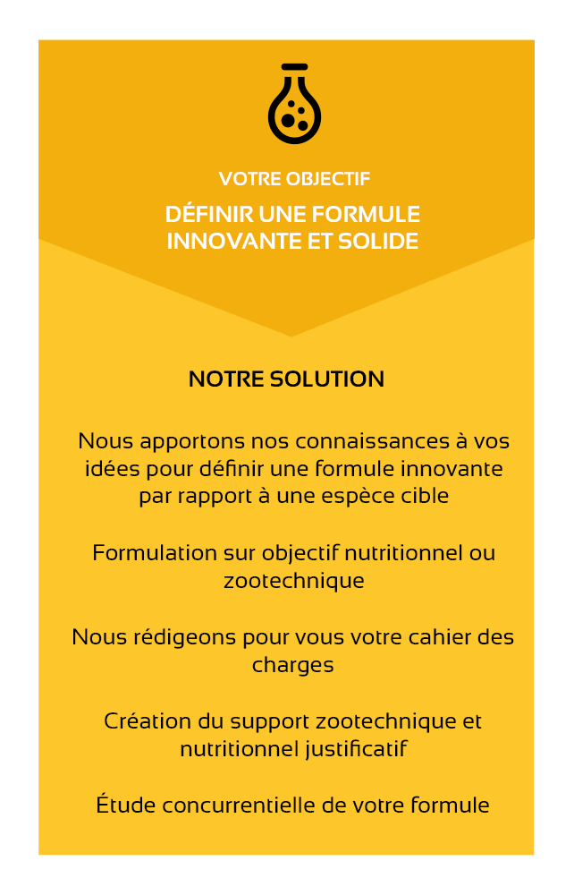 ALL4FEED-développement de spécialités galéniques-objectif définir une formule innovante et solide-solution-Nous apportons nos connaissances à vos idées pour définir une formule innovante par rapport à une espèce cible-formulation sur objectif nutritionnel ou zootechnique-nous rédigeons votre cahier des charges-création du support zootechnique et nutritionnel justificatif-étude concurrentielle de votre formule